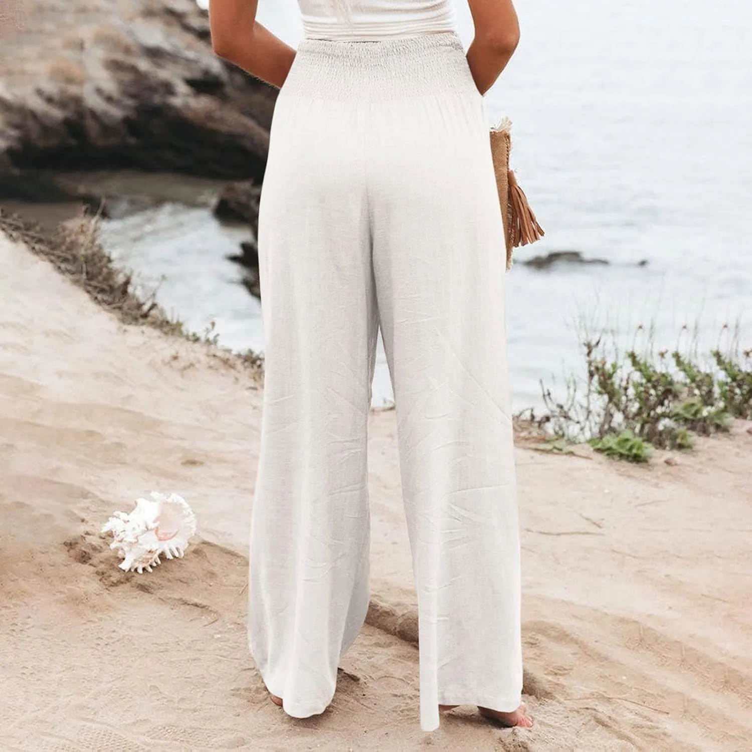 Womens Cotton Linen Wide Leg Pants Summer Lightweight High Waist Palazzo Pant Beach Flowy Button Trouser with Pocket