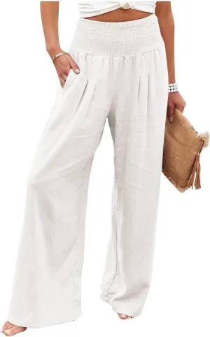 Womens Cotton Linen Wide Leg Pants Summer Lightweight High Waist Palazzo Pant Beach Flowy Button Trouser with Pocket