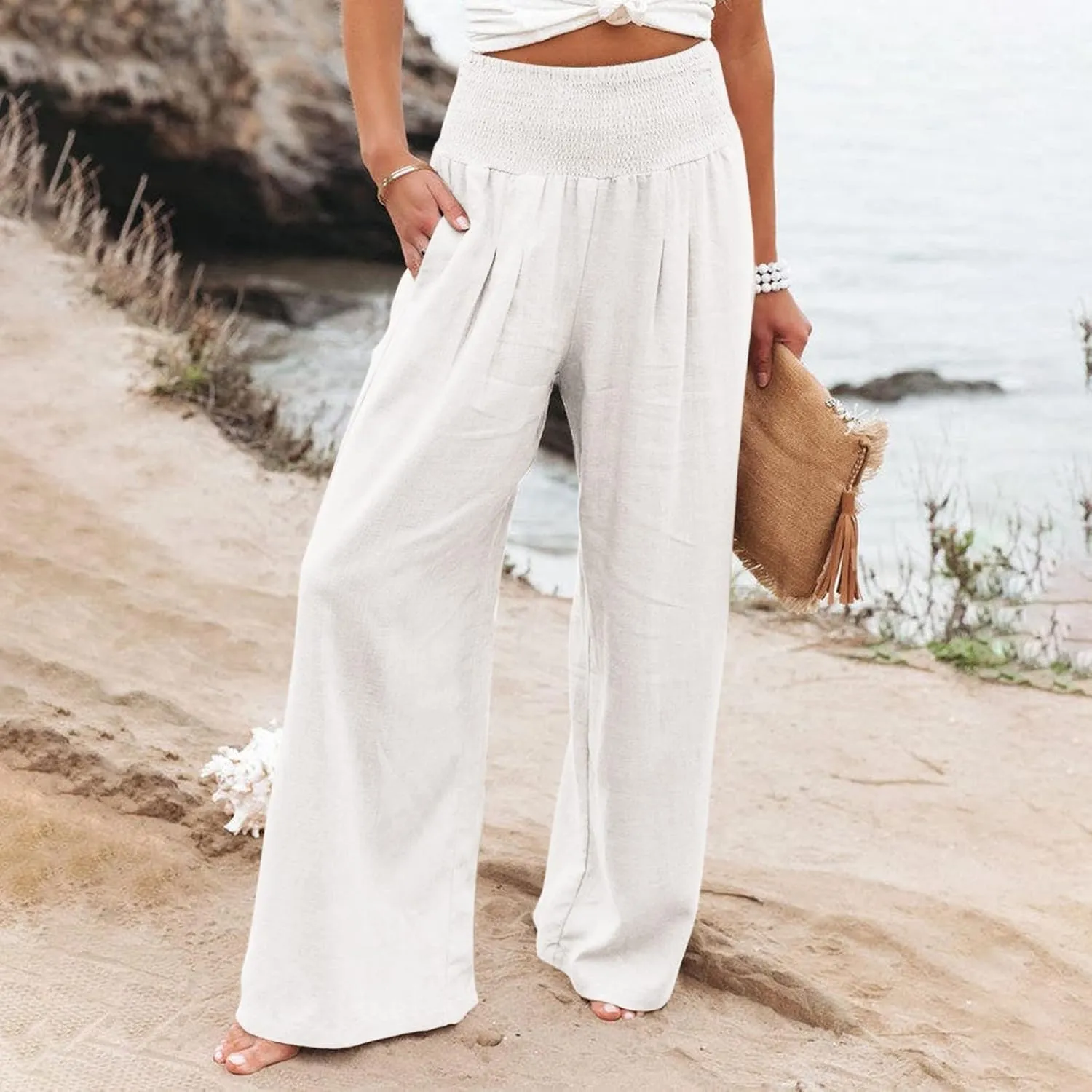 Womens Cotton Linen Wide Leg Pants Summer Lightweight High Waist Palazzo Pant Beach Flowy Button Trouser with Pocket