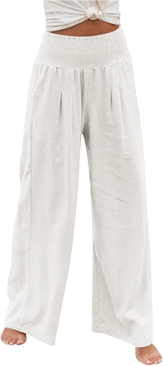 Womens Cotton Linen Wide Leg Pants Summer Lightweight High Waist Palazzo Pant Beach Flowy Button Trouser with Pocket
