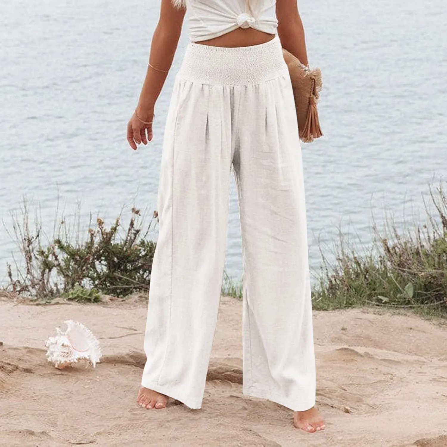 Womens Cotton Linen Wide Leg Pants Summer Lightweight High Waist Palazzo Pant Beach Flowy Button Trouser with Pocket