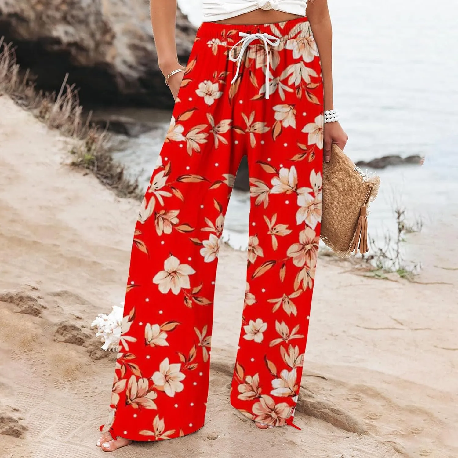 Womens Cropped Pants Boho Wide Leg High Waisted Palazzo Pockets Pants Summer Retro Flowy Beach Lounge Casual Trousers
