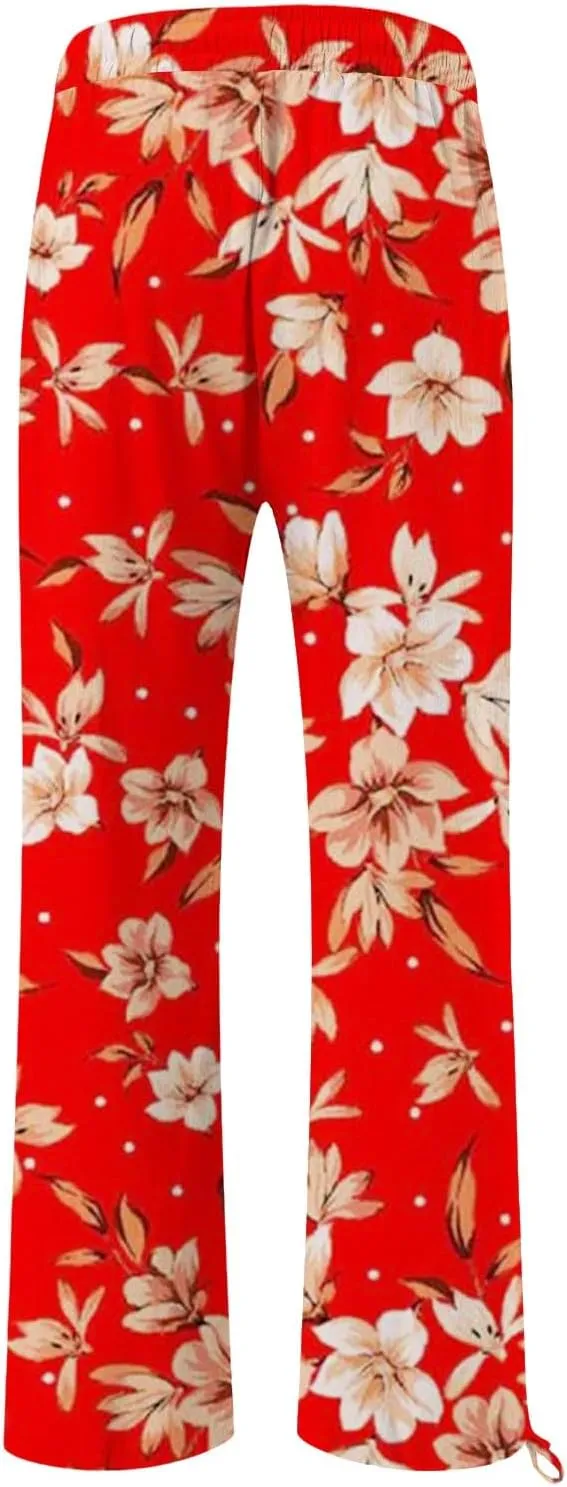 Womens Cropped Pants Boho Wide Leg High Waisted Palazzo Pockets Pants Summer Retro Flowy Beach Lounge Casual Trousers