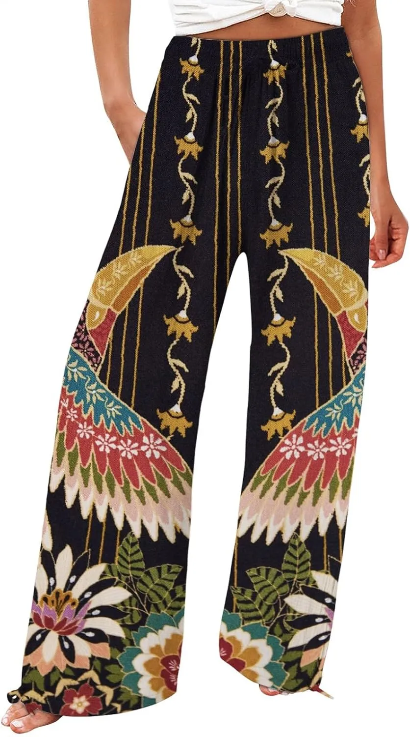 Womens Cropped Pants Boho Wide Leg High Waisted Palazzo Pockets Pants Summer Retro Flowy Beach Lounge Casual Trousers
