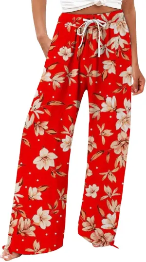 Womens Cropped Pants Boho Wide Leg High Waisted Palazzo Pockets Pants Summer Retro Flowy Beach Lounge Casual Trousers
