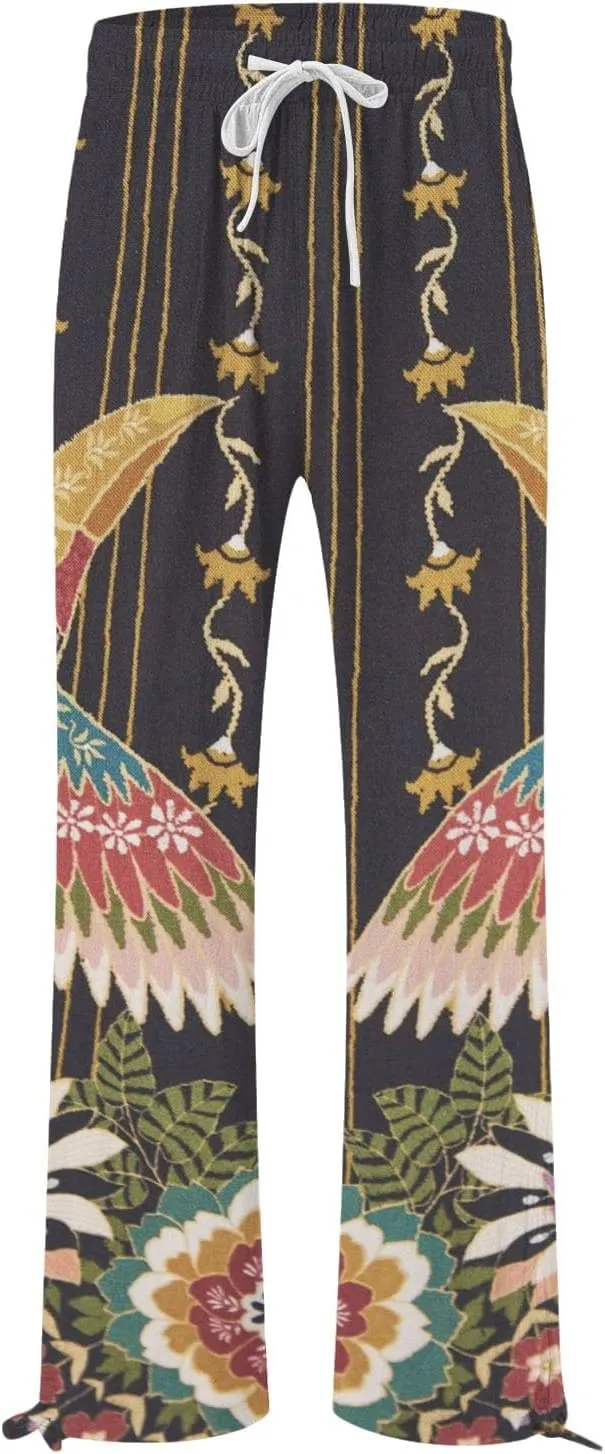 Womens Cropped Pants Boho Wide Leg High Waisted Palazzo Pockets Pants Summer Retro Flowy Beach Lounge Casual Trousers