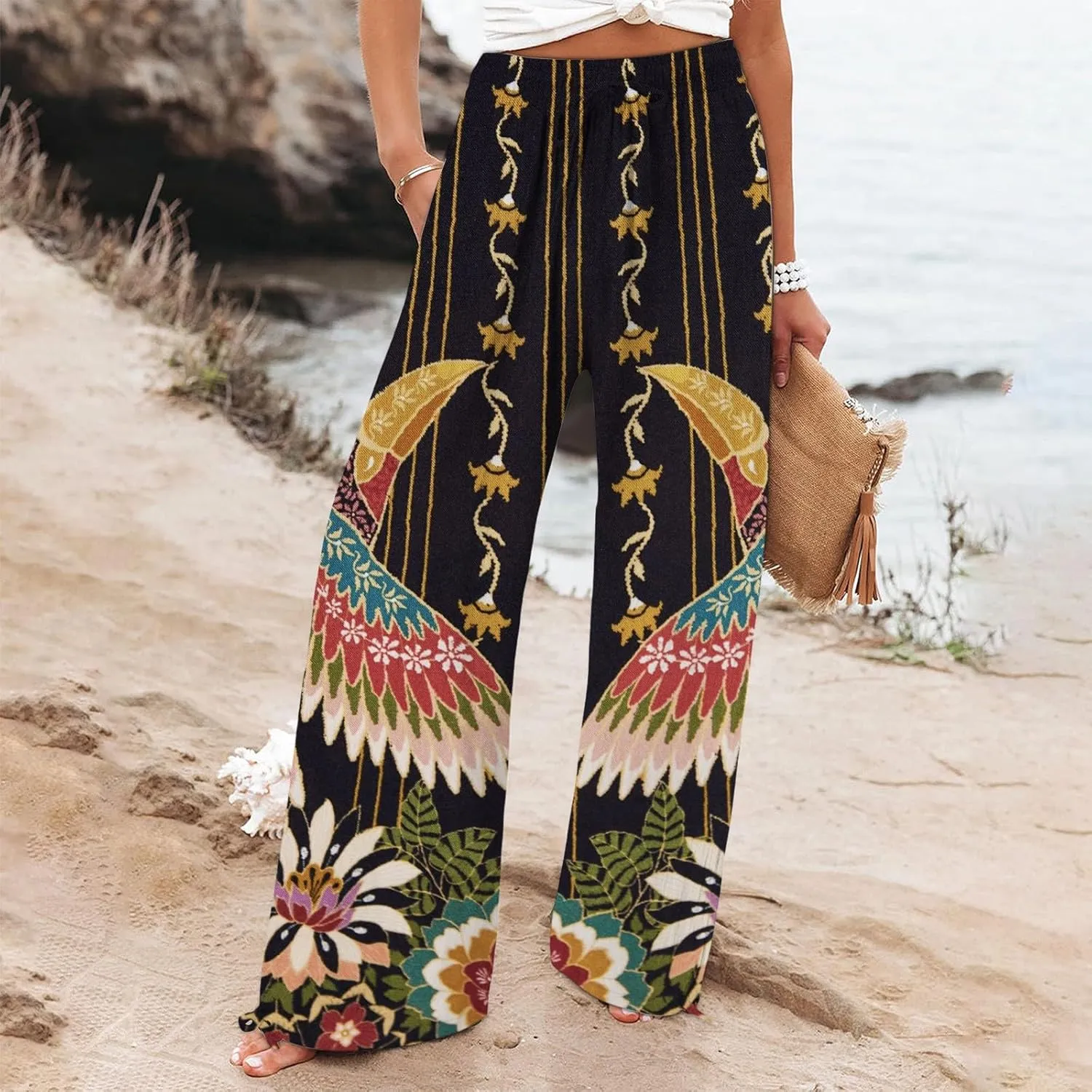 Womens Cropped Pants Boho Wide Leg High Waisted Palazzo Pockets Pants Summer Retro Flowy Beach Lounge Casual Trousers