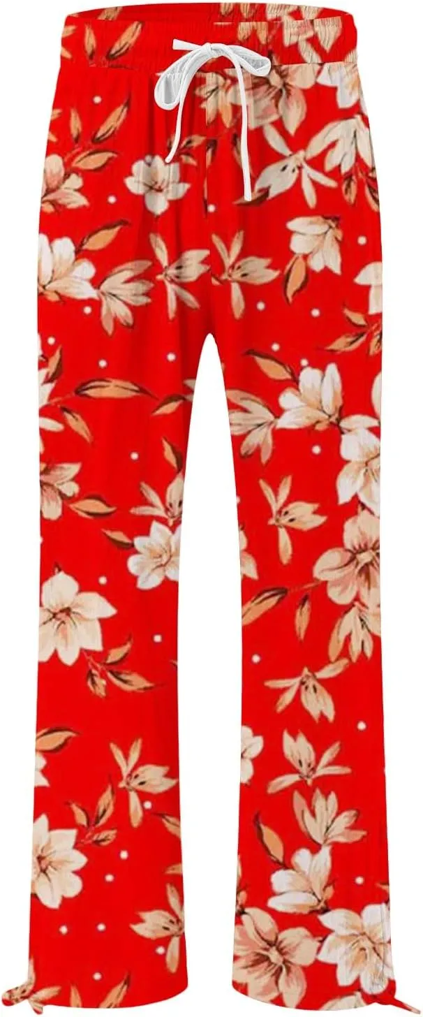 Womens Cropped Pants Boho Wide Leg High Waisted Palazzo Pockets Pants Summer Retro Flowy Beach Lounge Casual Trousers