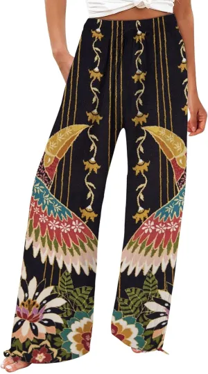 Womens Cropped Pants Boho Wide Leg High Waisted Palazzo Pockets Pants Summer Retro Flowy Beach Lounge Casual Trousers