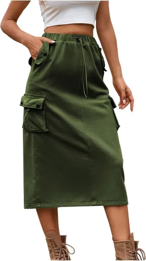 Women's Denim Cargo Long Skirts Elastic High Waisted Pencil Skirt Casual Midi Length Jean Skirt with Cargo Pockets