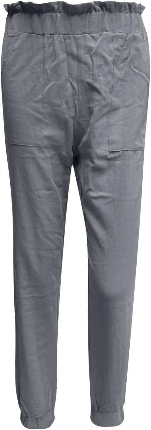 Womens Elastic Waist Cotton Linen Trousers Solid Color Slacks Lightweight Business Casual Pants Ladies Comfy Outfits