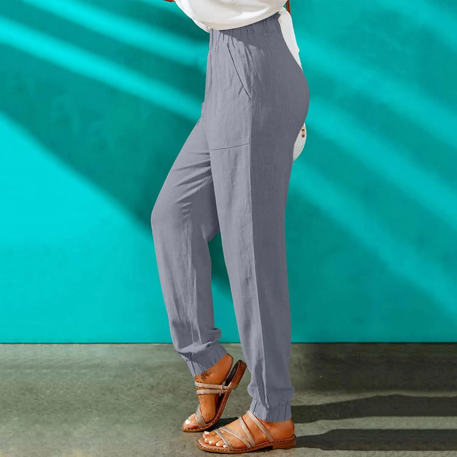 Womens Elastic Waist Cotton Linen Trousers Solid Color Slacks Lightweight Business Casual Pants Ladies Comfy Outfits