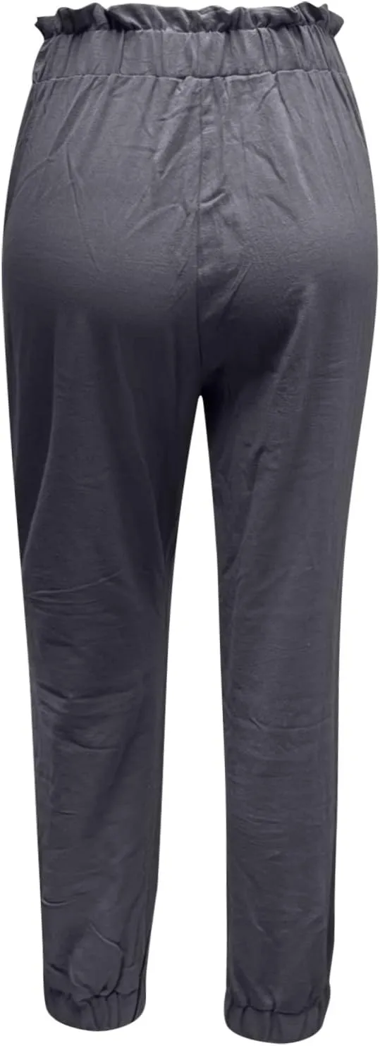 Womens Elastic Waist Cotton Linen Trousers Solid Color Slacks Lightweight Business Casual Pants Ladies Comfy Outfits