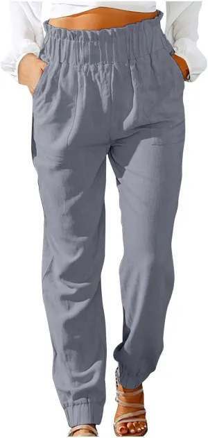 Womens Elastic Waist Cotton Linen Trousers Solid Color Slacks Lightweight Business Casual Pants Ladies Comfy Outfits