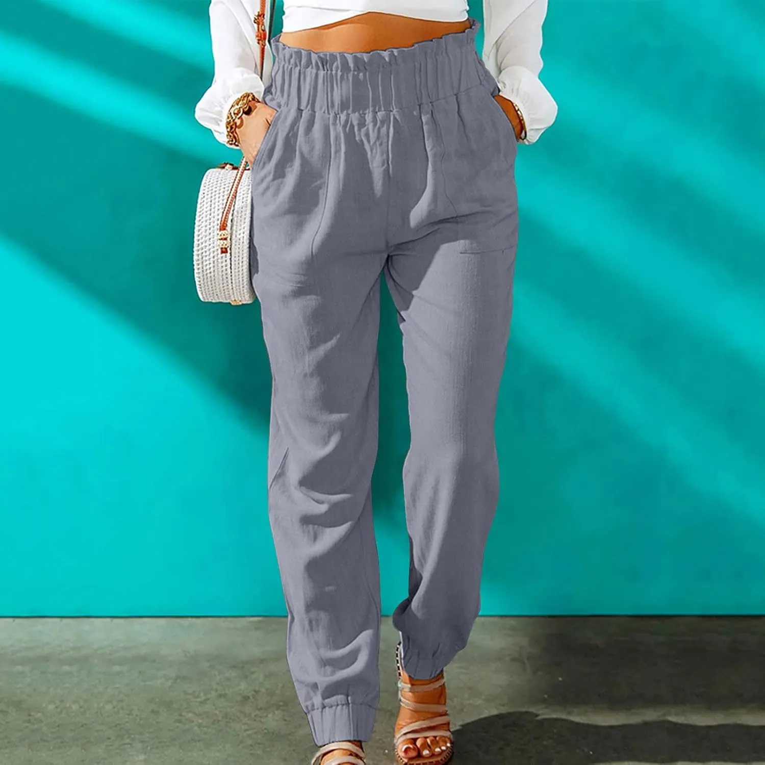Womens Elastic Waist Cotton Linen Trousers Solid Color Slacks Lightweight Business Casual Pants Ladies Comfy Outfits