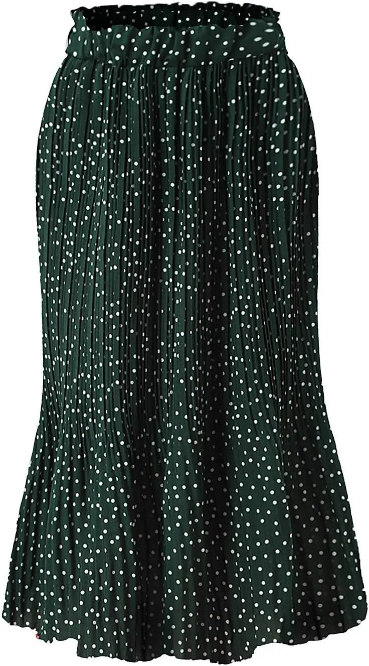 Women's Elegant Long Maxi Skirt Dot Women's Pleated Midi Casual Waist Maxi Skirt Pleated Cheer Skirt Ankle Skirts
