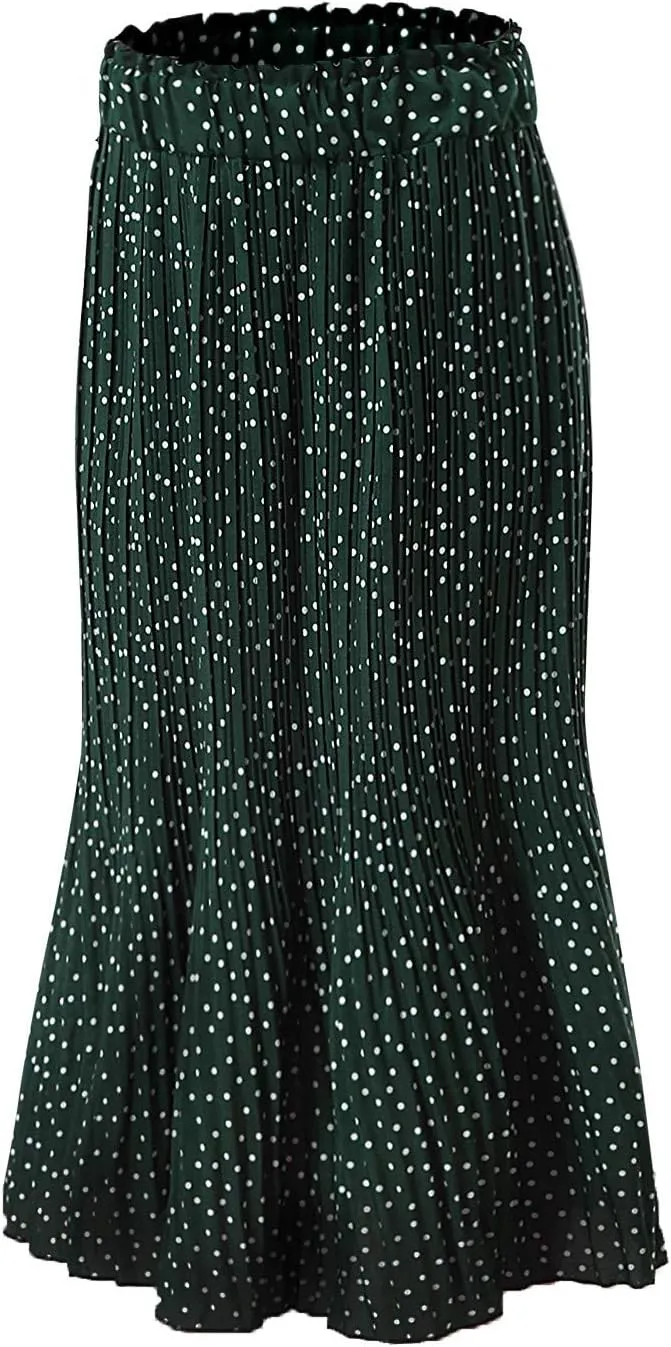 Women's Elegant Long Maxi Skirt Dot Women's Pleated Midi Casual Waist Maxi Skirt Pleated Cheer Skirt Ankle Skirts