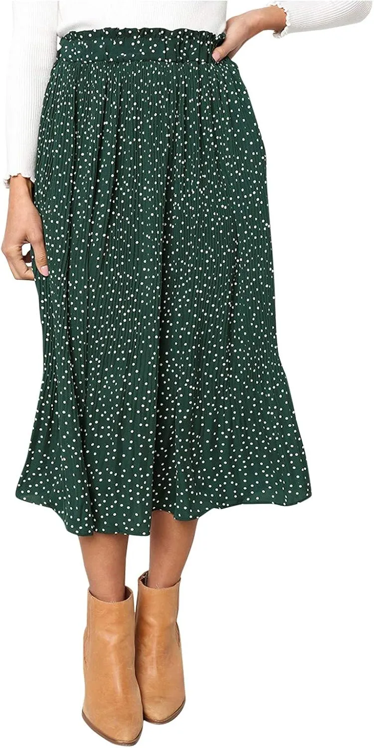 Women's Elegant Long Maxi Skirt Dot Women's Pleated Midi Casual Waist Maxi Skirt Pleated Cheer Skirt Ankle Skirts