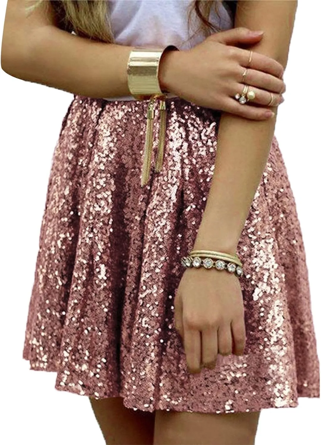 Women's Fashion High Waist Pleated Solid Color Short Skirt Loose Sequin Skirt Top and Midi Skirt