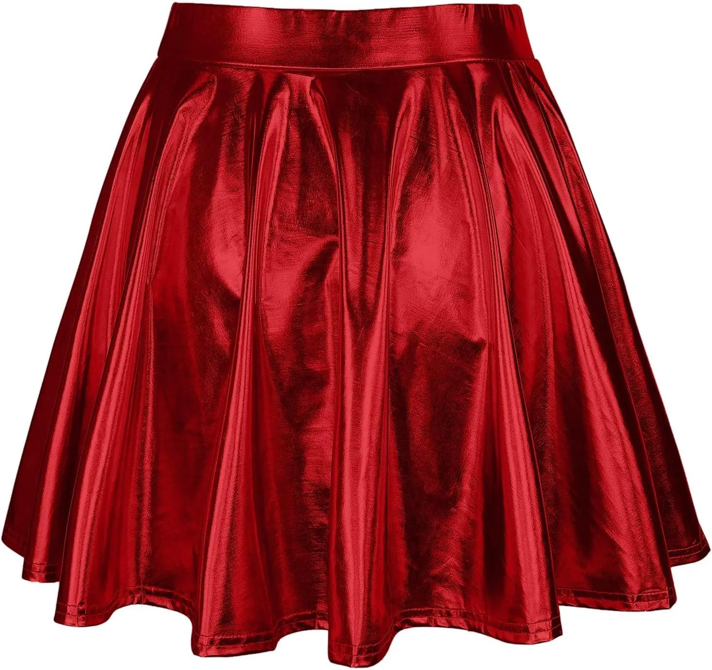 Women's Fashion High Waist Pleated Solid Color Short Skirt Loose Skirt Metallic Skater Skirt Girls Faux Leather