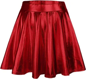Women's Fashion High Waist Pleated Solid Color Short Skirt Loose Skirt Metallic Skater Skirt Girls Faux Leather
