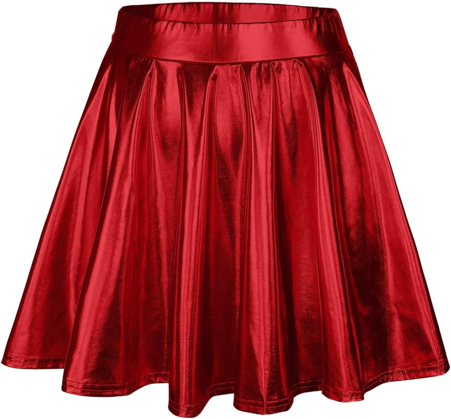 Women's Fashion High Waist Pleated Solid Color Short Skirt Loose Skirt Metallic Skater Skirt Girls Faux Leather