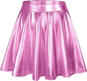 Women's Fashion High Waist Pleated Solid Color Short Skirt Loose Skirt Metallic Skater Skirt Girls Faux Leather