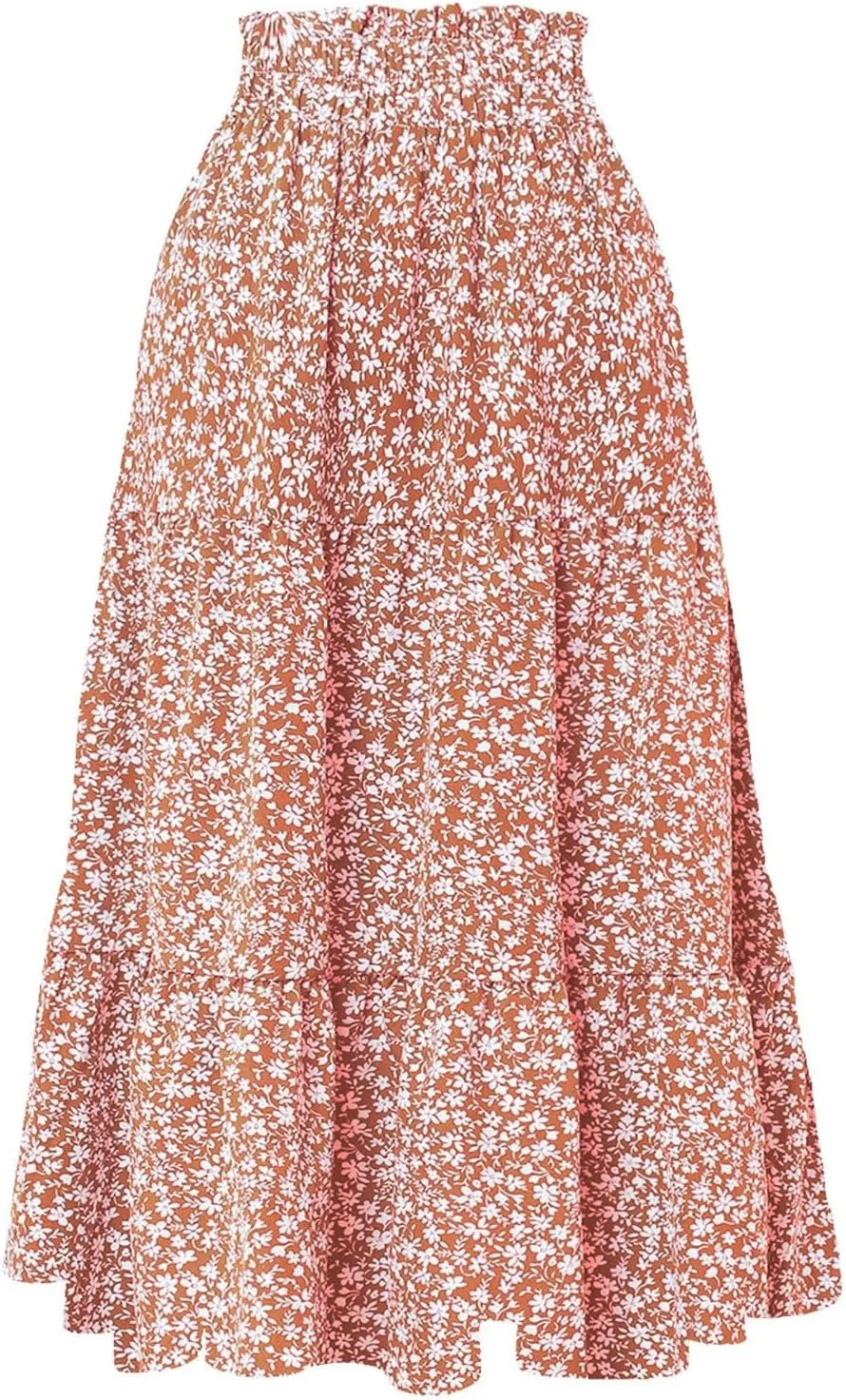 Womens Floral Maxi Skirts 2025 Summer Boho Ruffle Long Skirts for Women Women's A-Line Midi Skirt Flowy Dresses