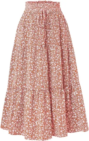 Womens Floral Maxi Skirts 2025 Summer Boho Ruffle Long Skirts for Women Women's A-Line Midi Skirt Flowy Dresses