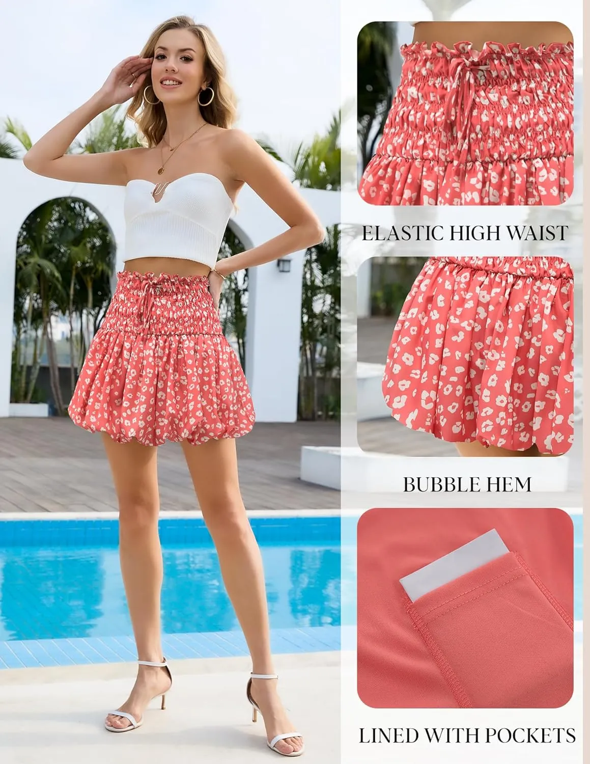 Women's Floral Short Skirt Bubble Mini Skirts Summer Casual Beach Skirt