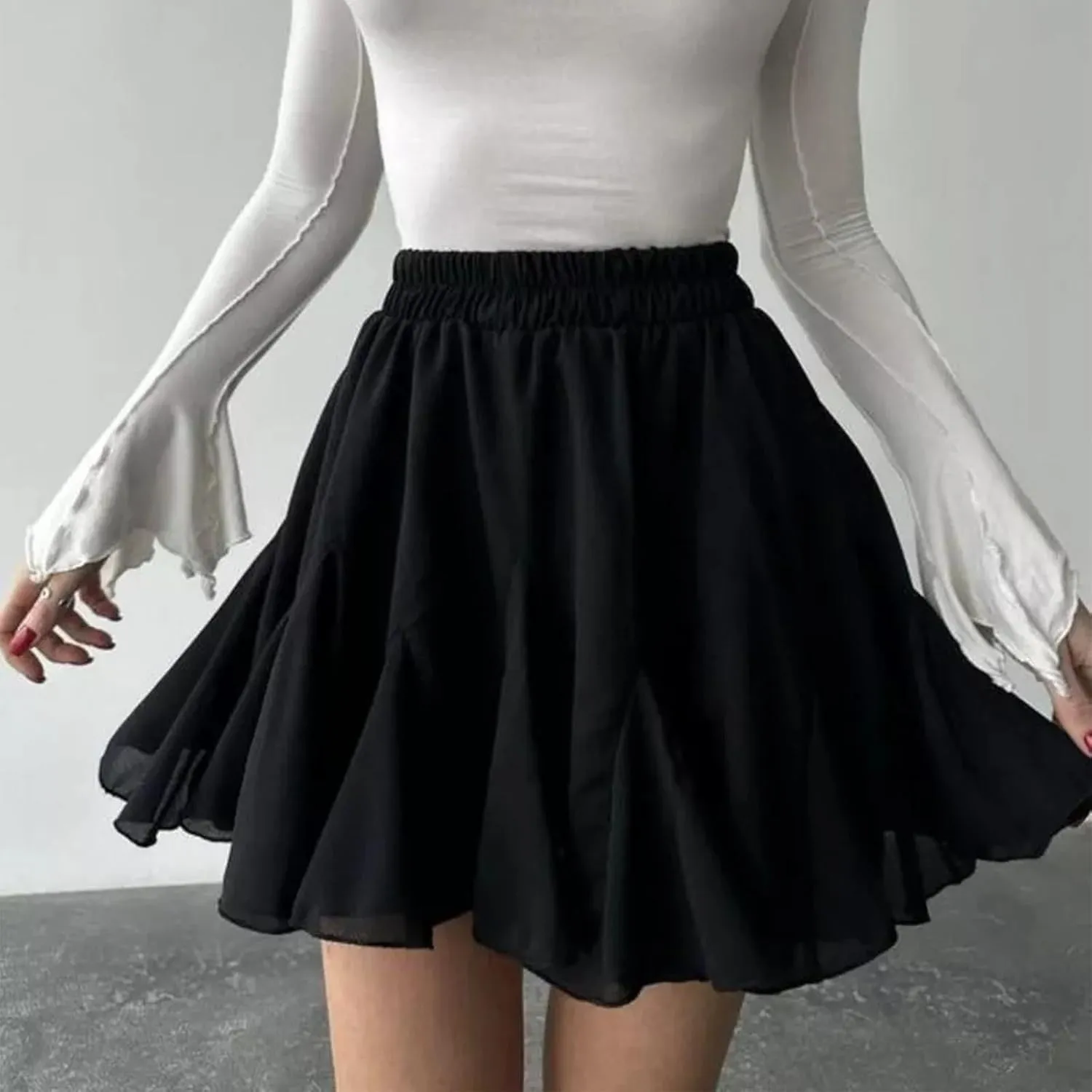 Women's Flowy Pleated Mini Skater Skirt Basic Casual High Waisted Ruffles Flared Skirts Summer Beach Short Skirt