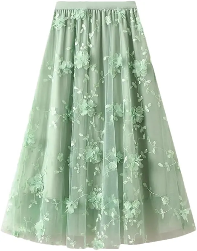 Women's Four Seasons Floral Embroidery Polyester Skirt Harajuku High Waist A-Line Midi Skirt