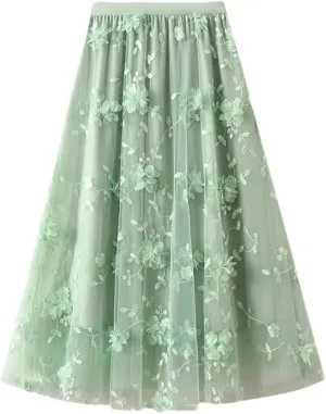 Women's Four Seasons Floral Embroidery Polyester Skirt Harajuku High Waist A-Line Midi Skirt