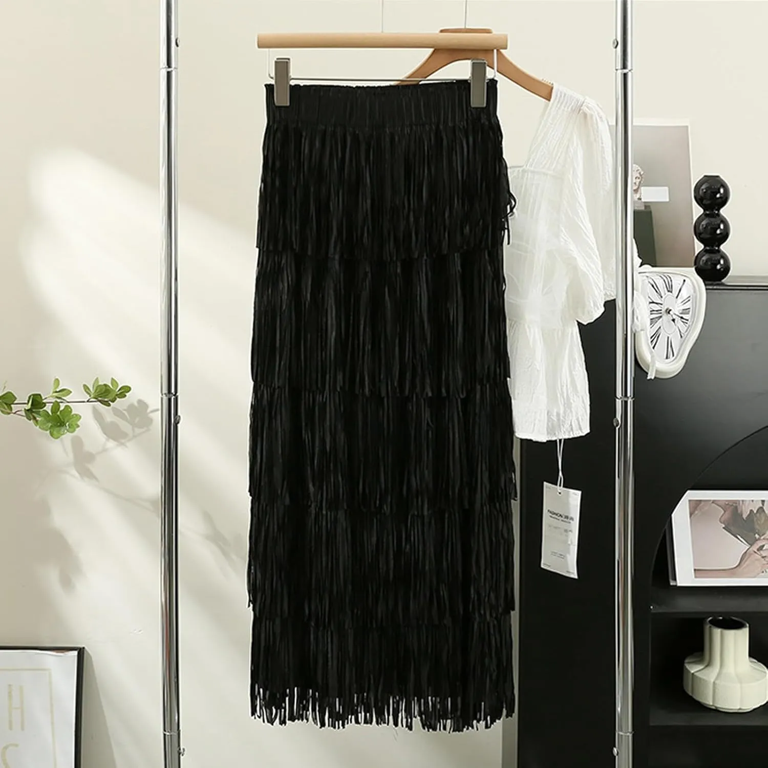 Women's Fringe High Waist Pencil Bodycon Skirts, Sexy Elegant Tassel Long Midi Skirt Summer Party Dance Skirts