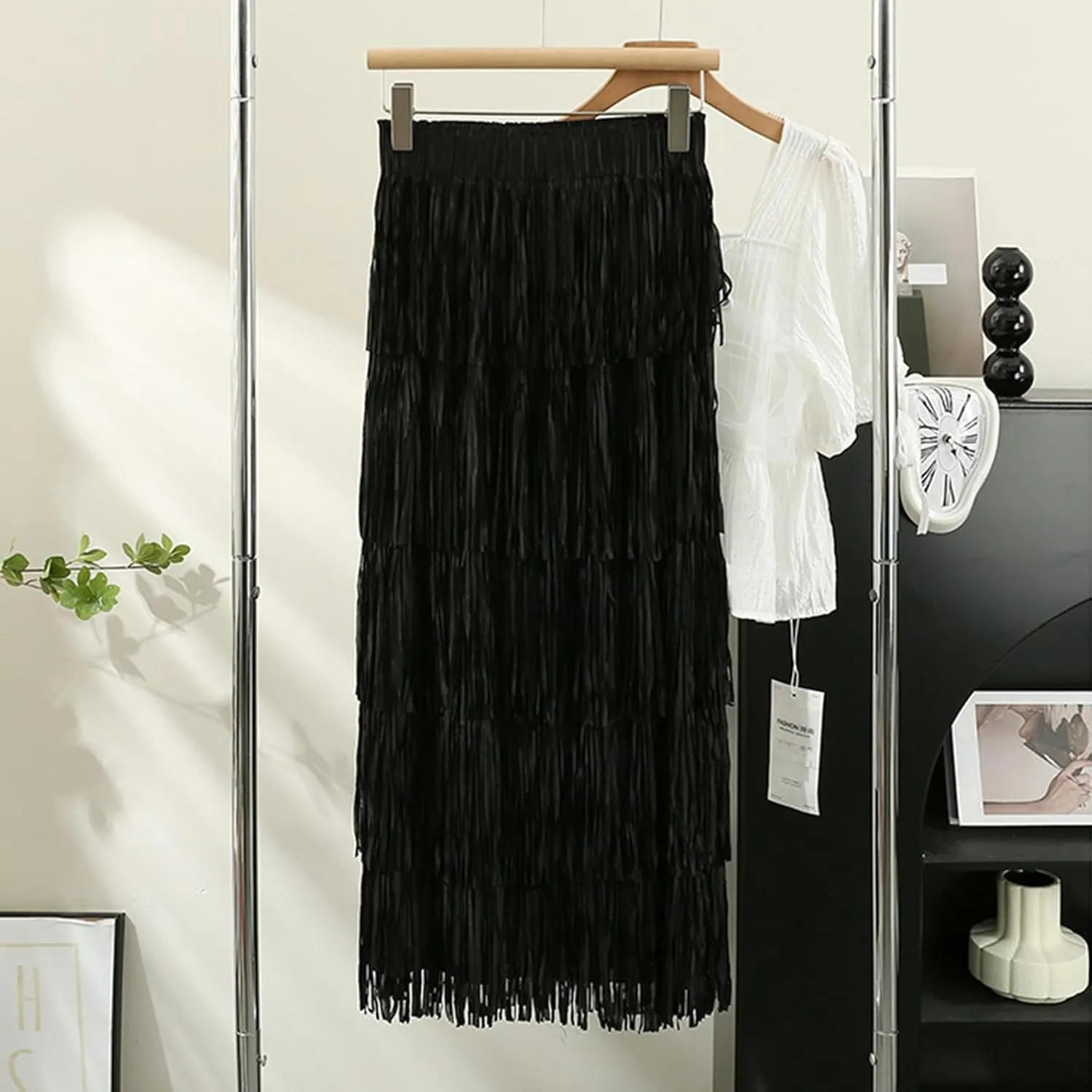 Women's Fringe High Waist Pencil Bodycon Skirts, Sexy Elegant Tassel Long Midi Skirt Summer Party Dance Skirts