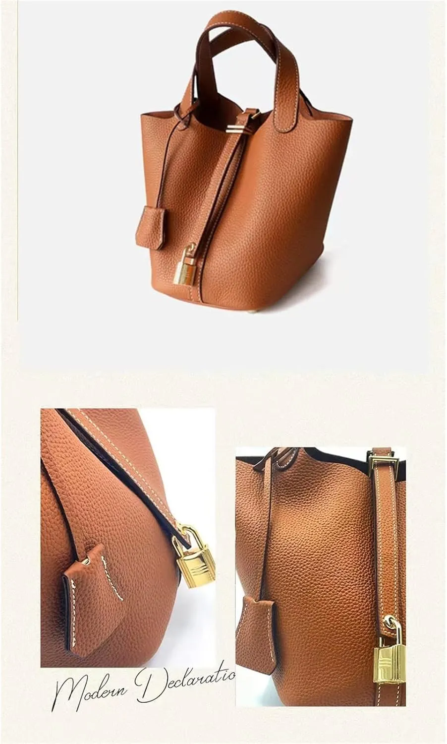Women's Genuine Leather Basket Bag, Top Layer Cowhide Bucket Bag(03)