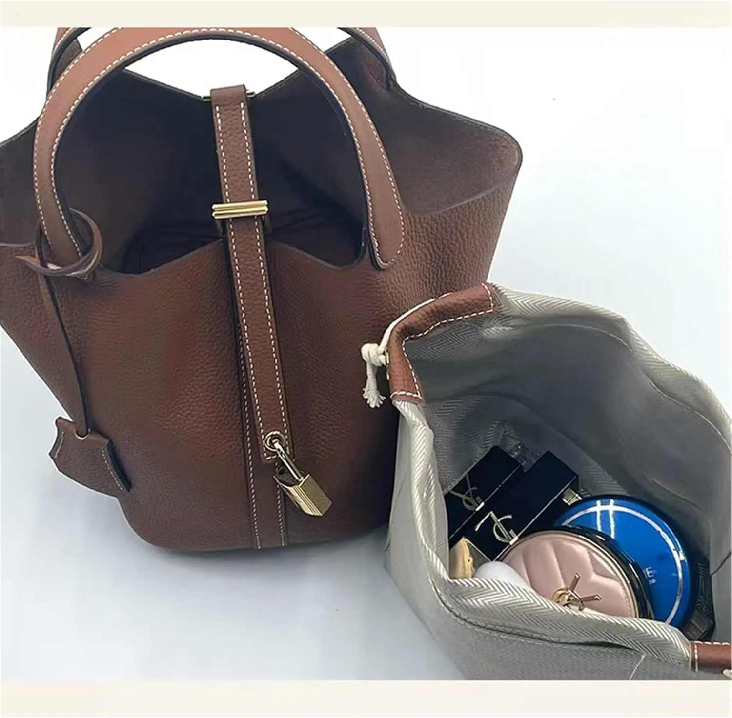 Women's Genuine Leather Basket Bag, Top Layer Cowhide Bucket Bag(03)