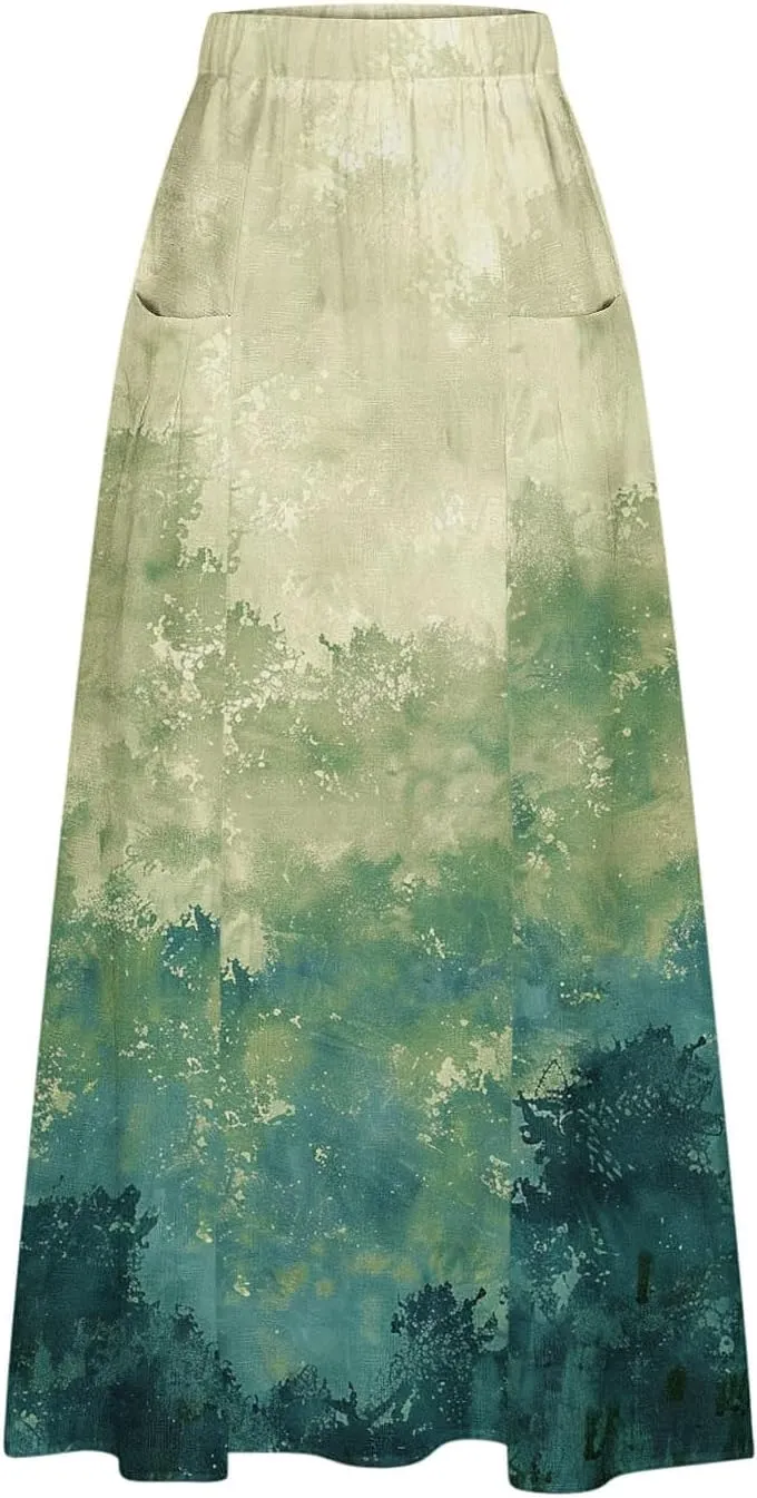 Women's Graphic Skirts Baggy Plus Size High Waisted Stretch Skirt Summer Vacation Boho Skirts with Pockets