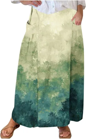 Women's Graphic Skirts Baggy Plus Size High Waisted Stretch Skirt Summer Vacation Boho Skirts with Pockets