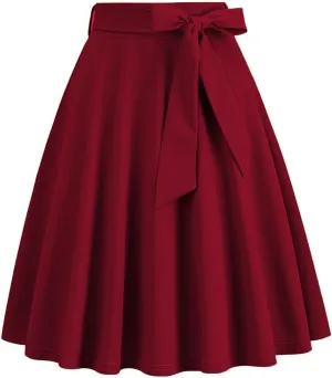 Women's High Waist A-Line Skirt Lace Up Flared Hepburn Midi Skirts Vintage Cocktail Party Swing Knee Length Skirt