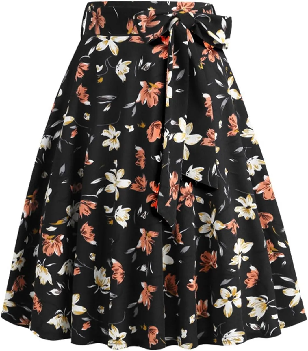 Women's High Waist A-Line Skirts Vintage Floral Print Flared Skirt 1950s Belted Midi Skirt Knee Length Skirts