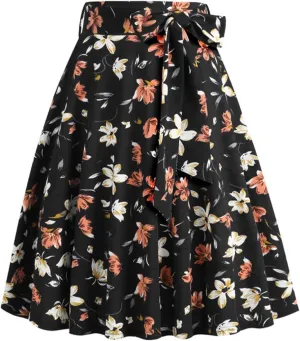 Women's High Waist A-Line Skirts Vintage Floral Print Flared Skirt 1950s Belted Midi Skirt Knee Length Skirts