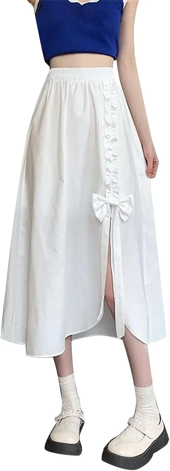 Womens High Waist Asymmetrical Hem Midi Skirt with Butterfly Knot and Split Solid Color High Low Skirts for Women