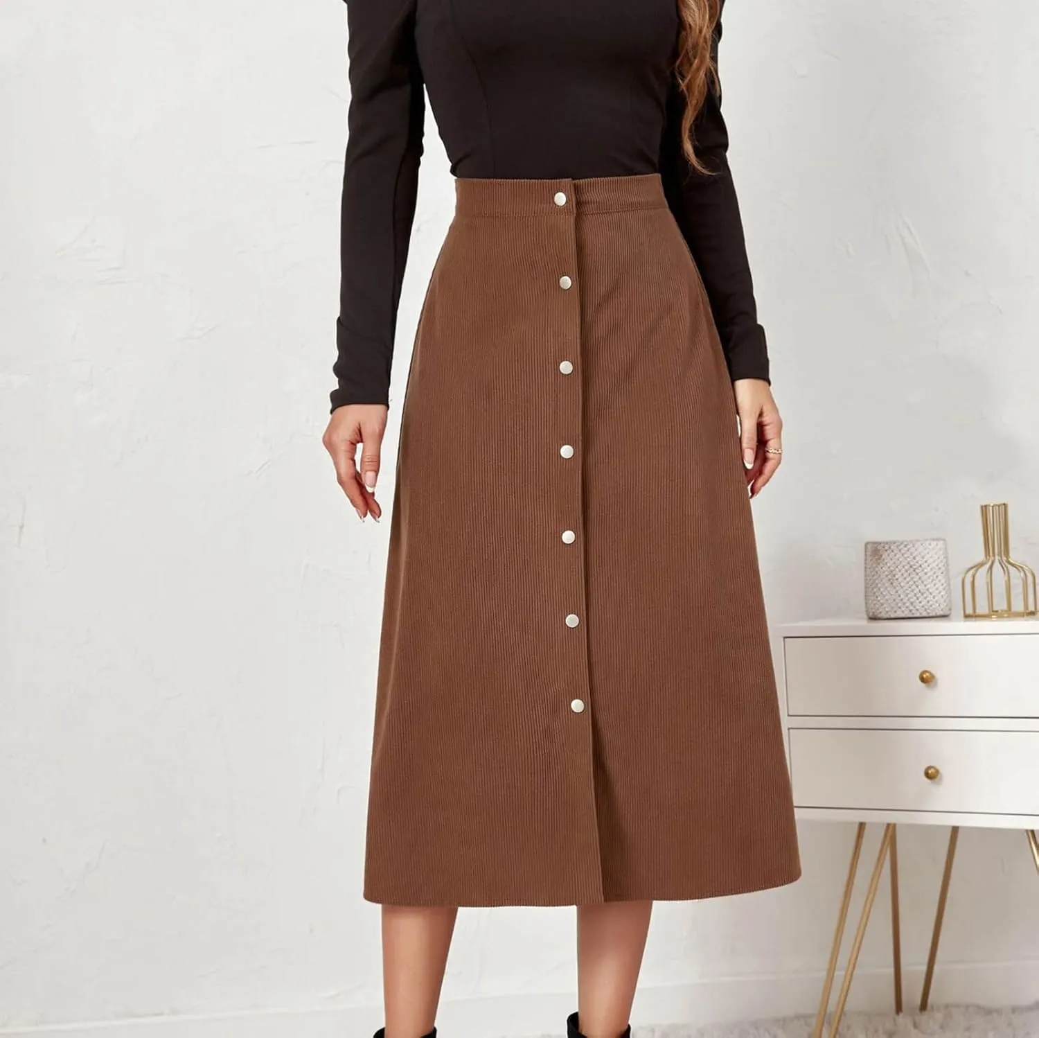 Women's High Waist Corduroy Midi Skirt Button Front A-Line Belted Long Skirts Dressy Casual Work Office Trendy Skirt