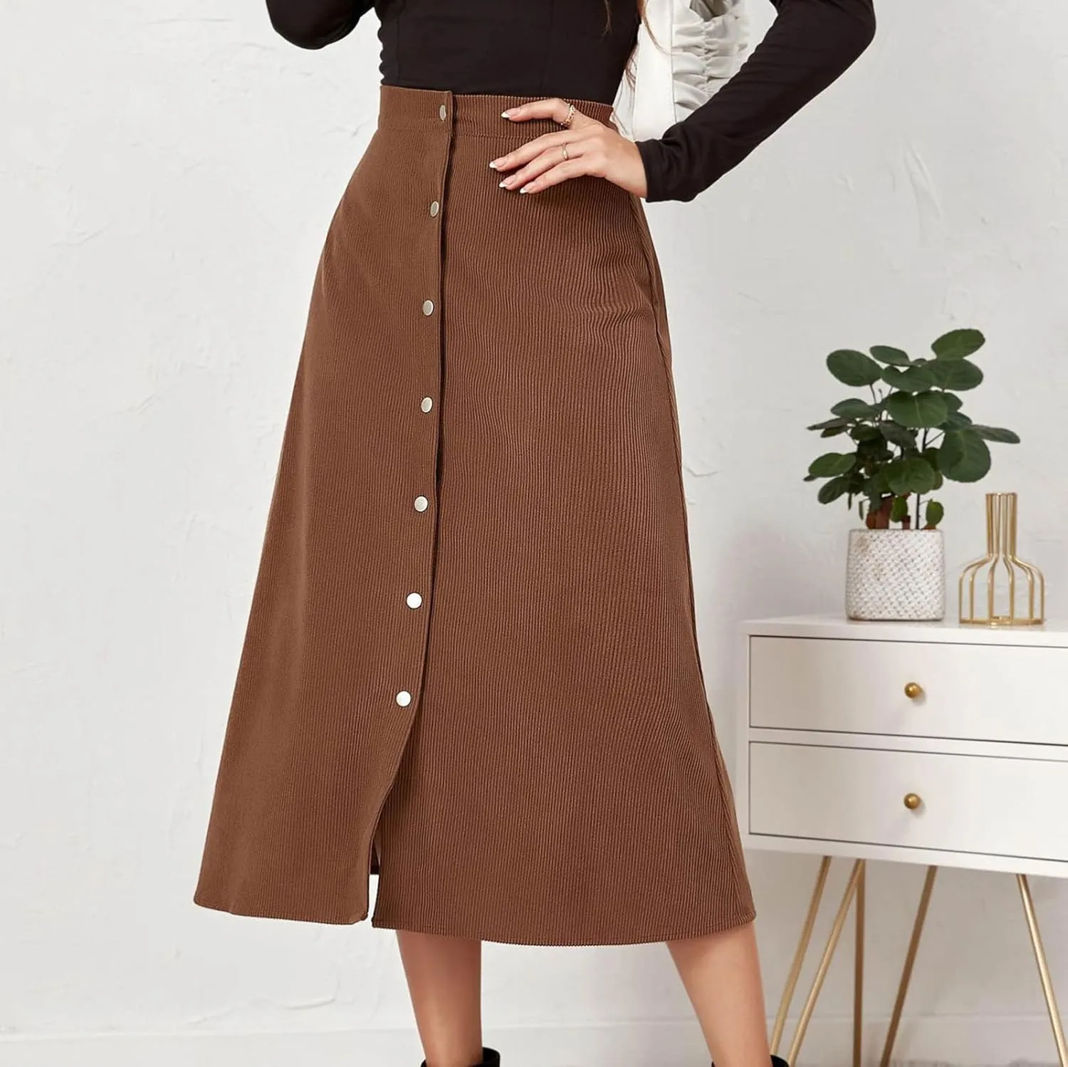 Women's High Waist Corduroy Midi Skirt Button Front A-Line Belted Long Skirts Dressy Casual Work Office Trendy Skirt