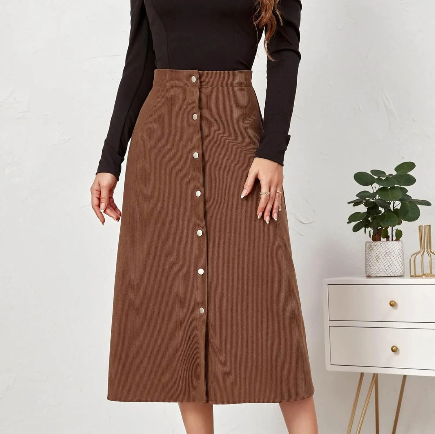 Women's High Waist Corduroy Midi Skirt Button Front A-Line Belted Long Skirts Dressy Casual Work Office Trendy Skirt