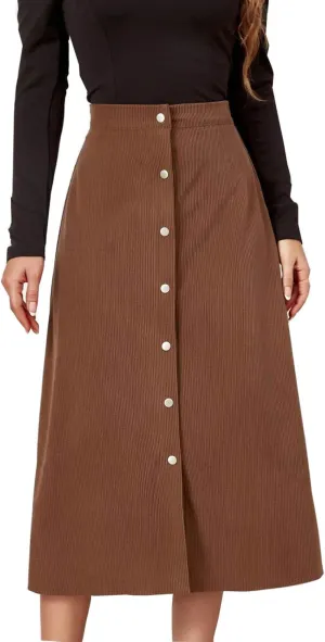 Women's High Waist Corduroy Midi Skirt Button Front A-Line Belted Long Skirts Dressy Casual Work Office Trendy Skirt