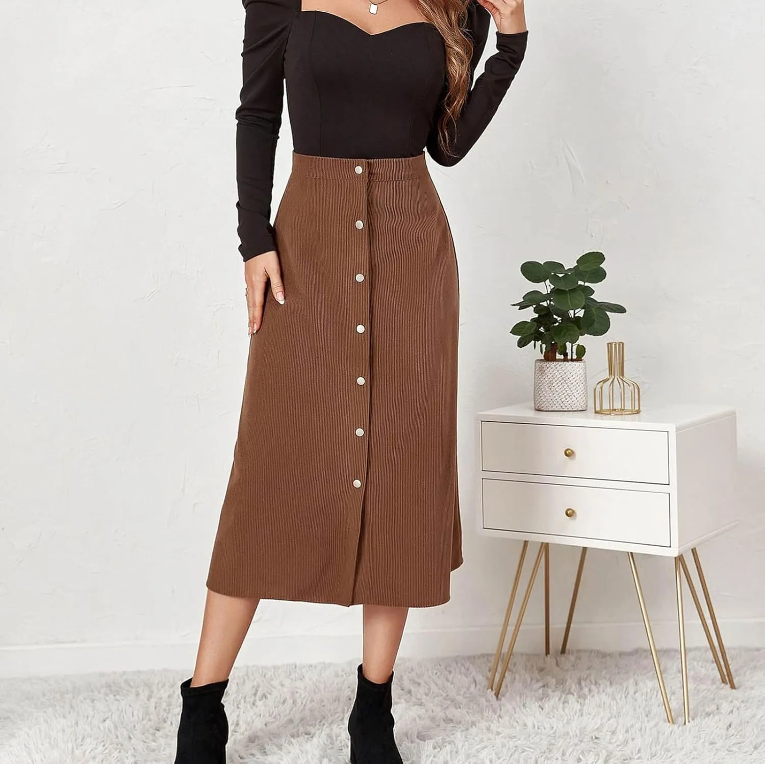 Women's High Waist Corduroy Midi Skirt Button Front A-Line Belted Long Skirts Dressy Casual Work Office Trendy Skirt
