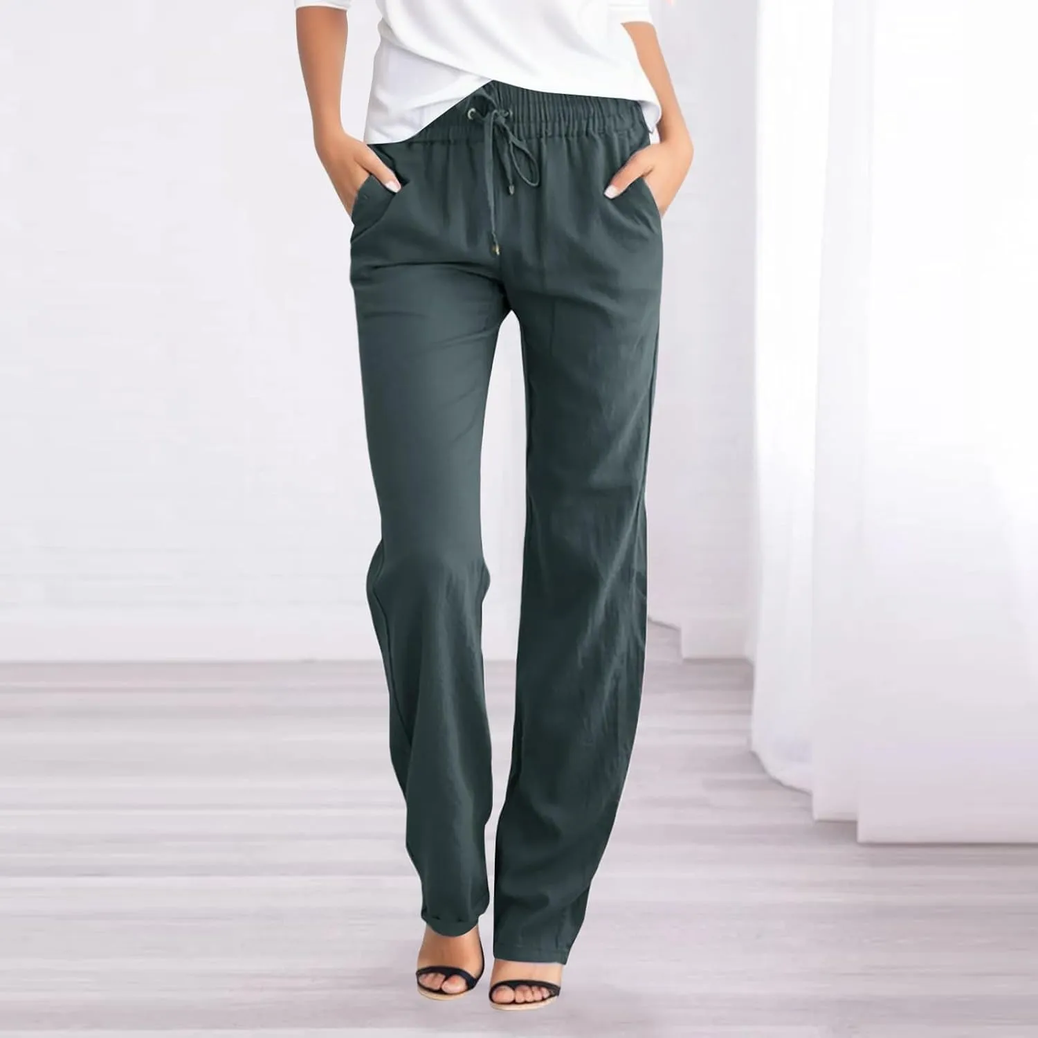 Womens High Waist Cotton Linen Pants Straight Leg Casual Loose Summer Beach Lightweight Drawstring Comfy Lounge Pants