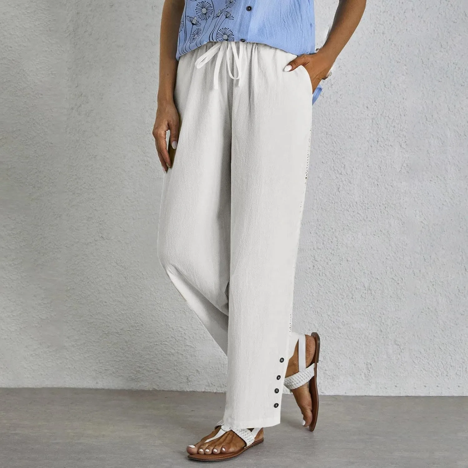 Womens High Waist Linen Pants Drawstring Elastic Waist Summer Casual Pants Loose Fit Lounge Trousers with Pockets